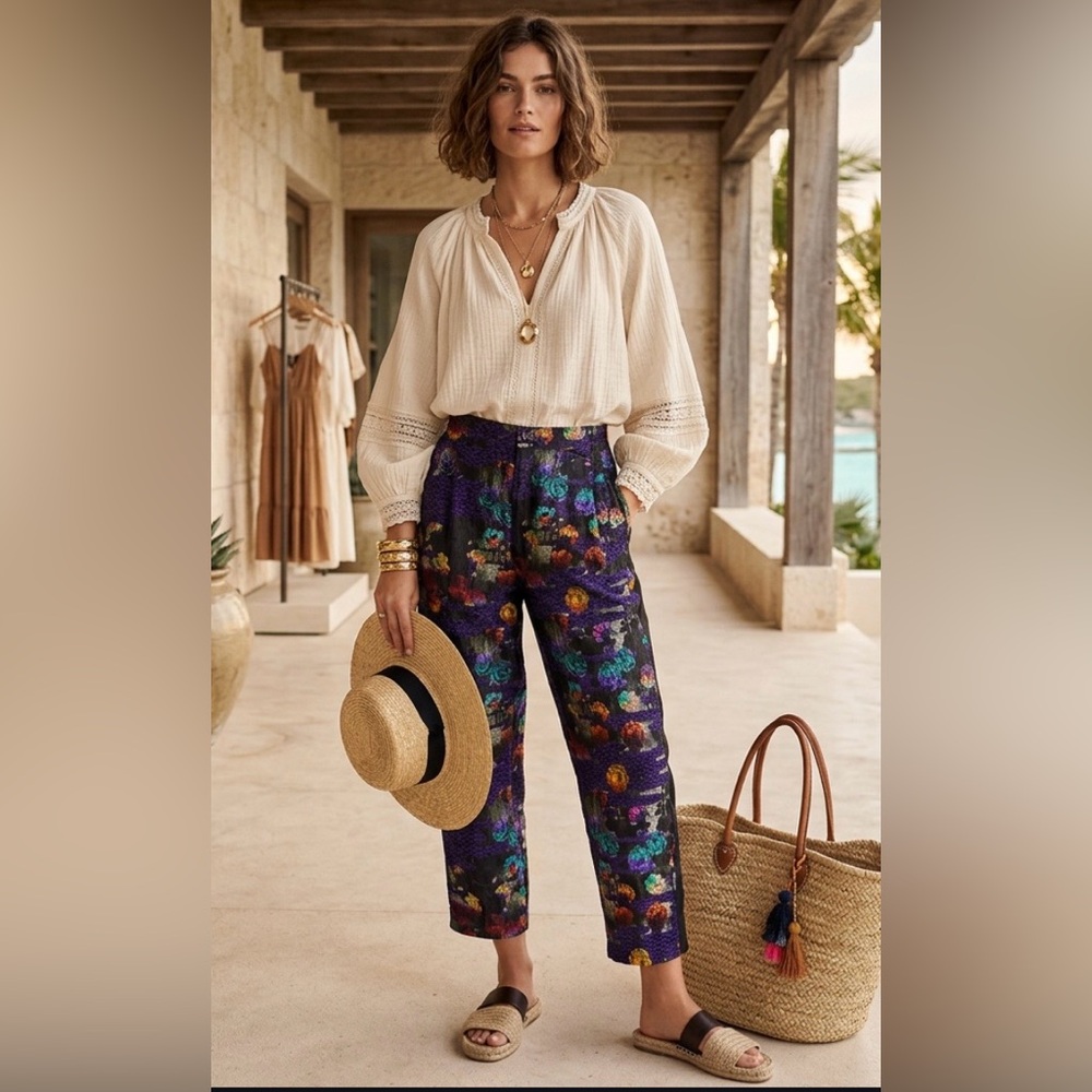 Raquel Allegra Flower Medley Silk Blend Jerry Pant Size 2 M NWT Floral Tapered
